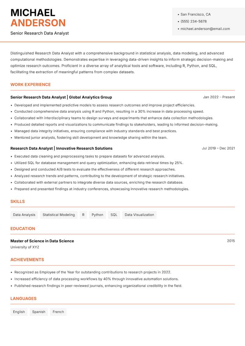 Research Data Analyst resume template — Modern Professional