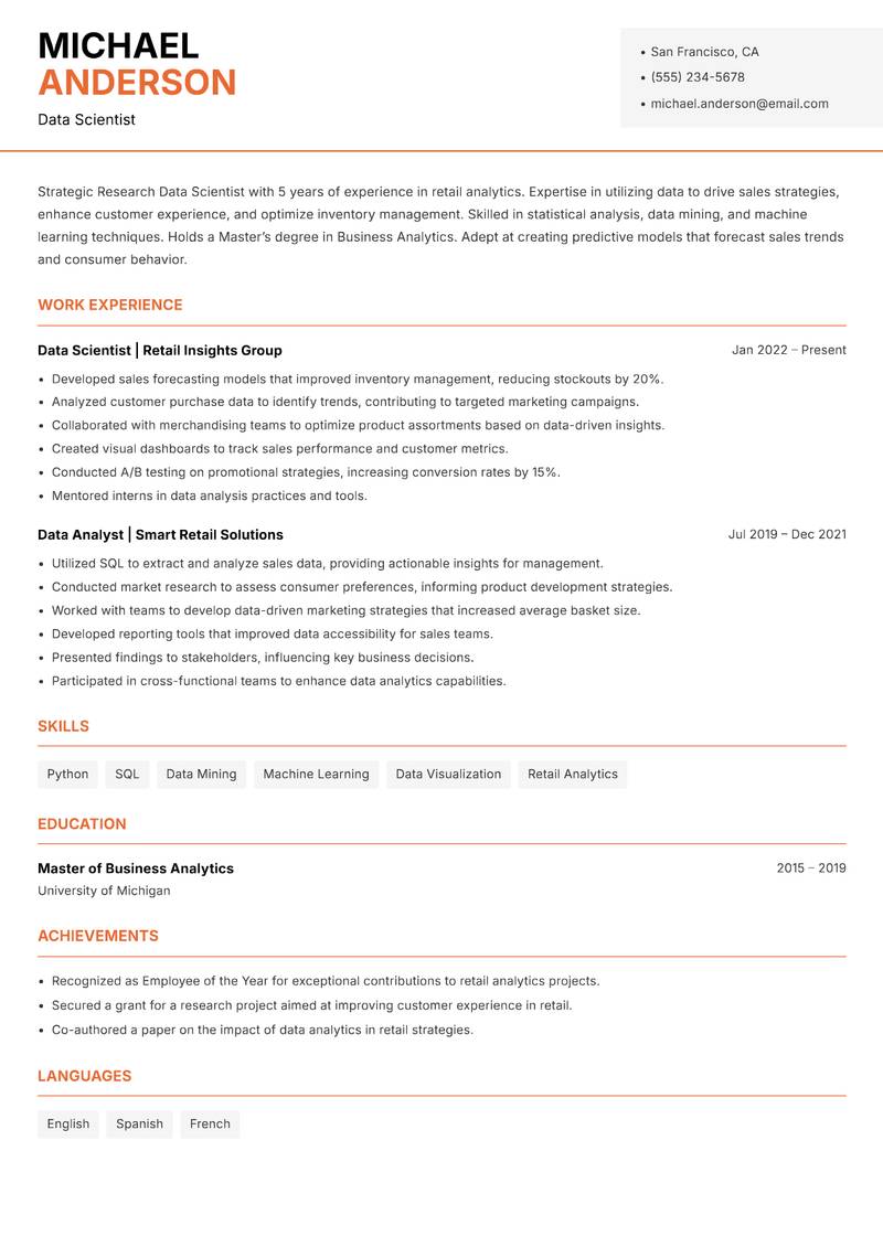 Research Data Scientist resume template — Modern Professional