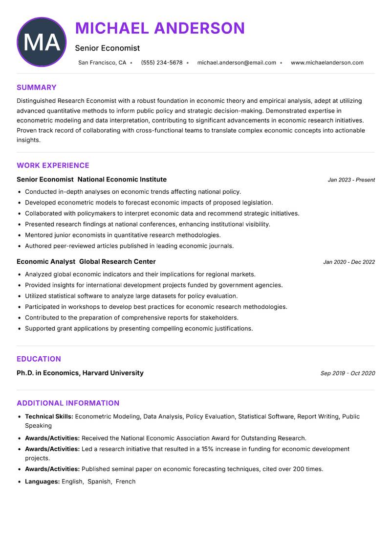 Research Economist resume example — ATS-friendly template