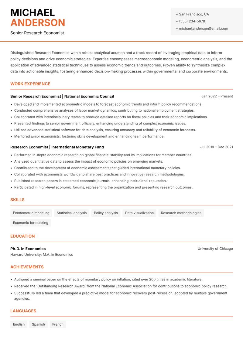 Research Economist resume template — Modern Professional