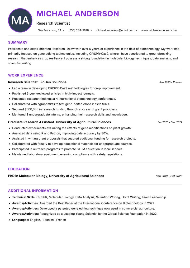 Research Fellow resume example — ATS-friendly template