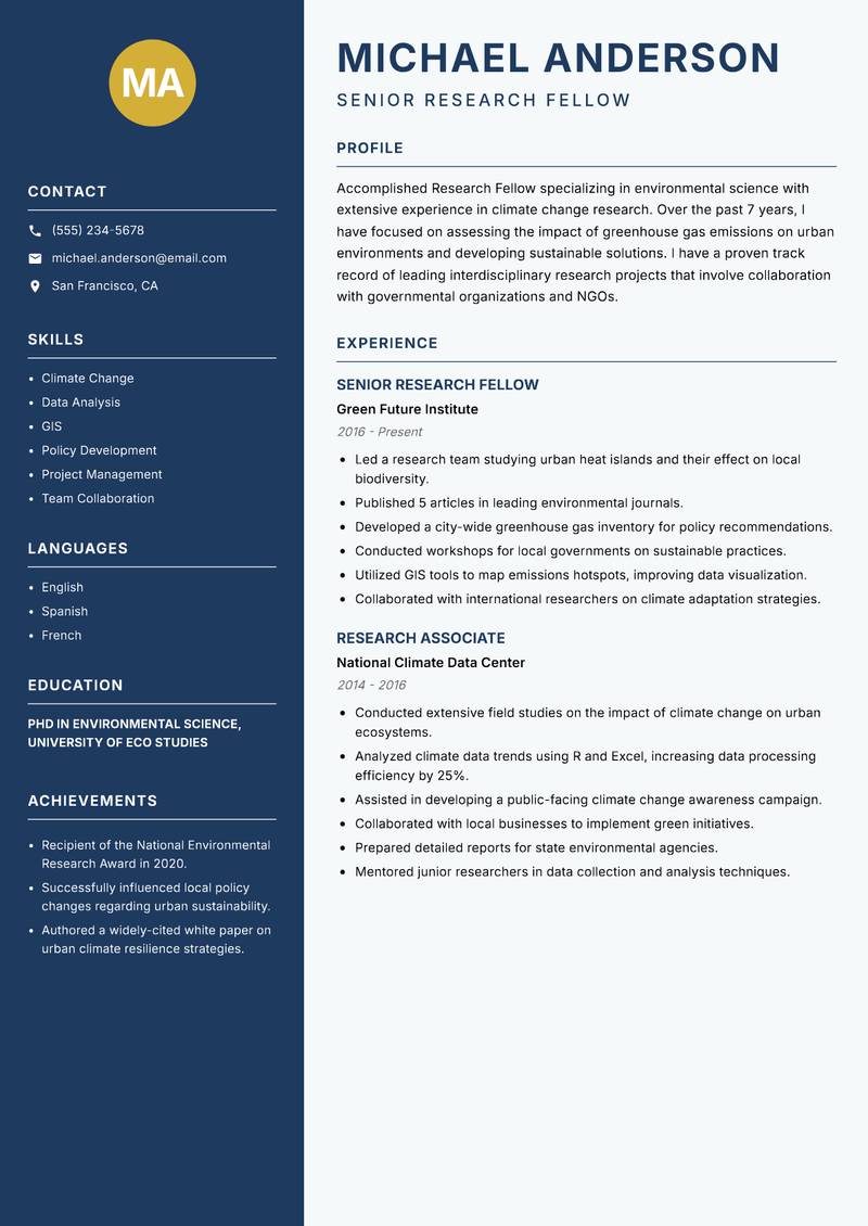 Research Fellow resume template — Classic Clean