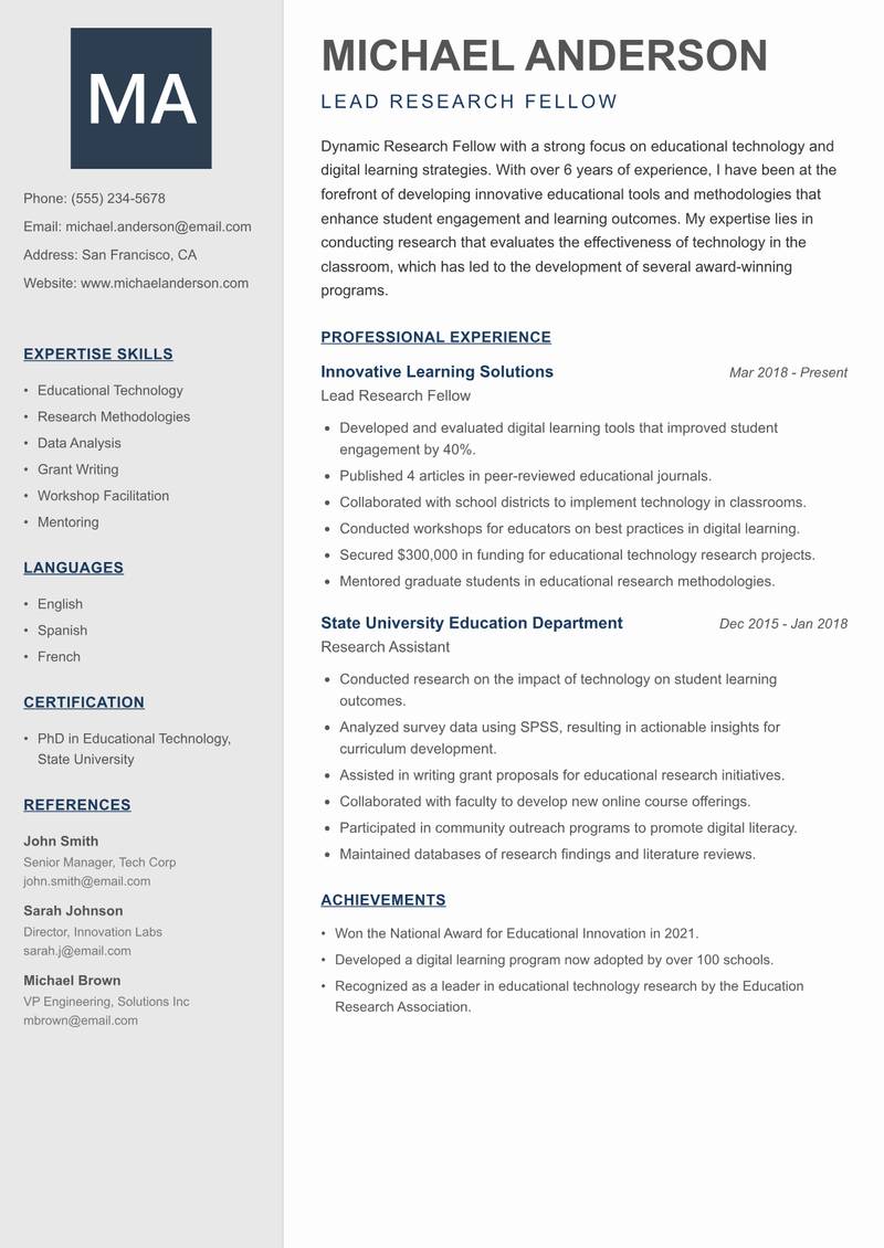 Research Fellow resume template — Creative Minimal