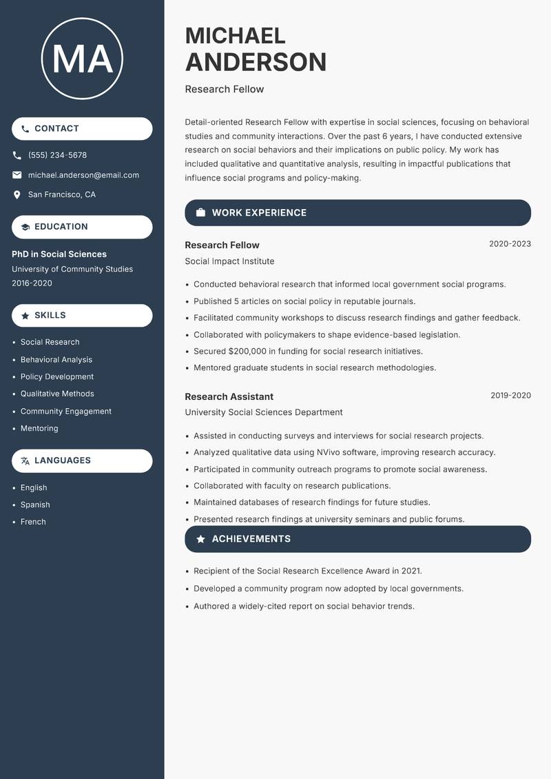 Research Fellow resume template — Compact