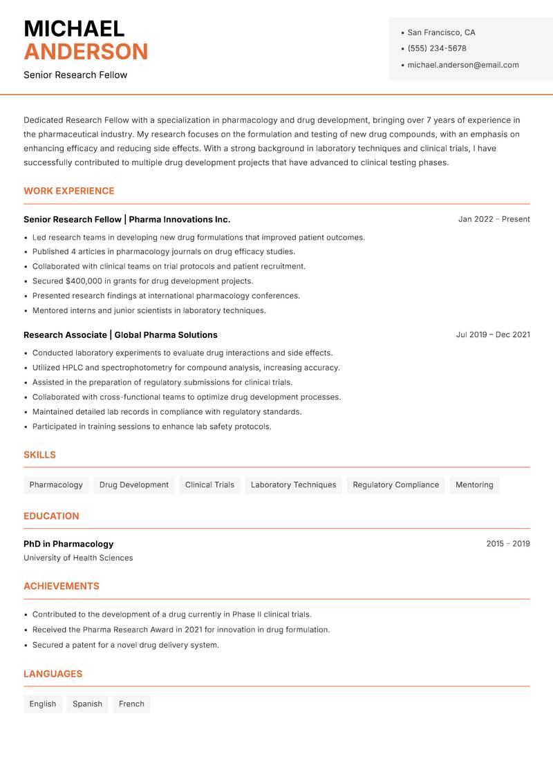 Research Fellow resume template — Modern Professional