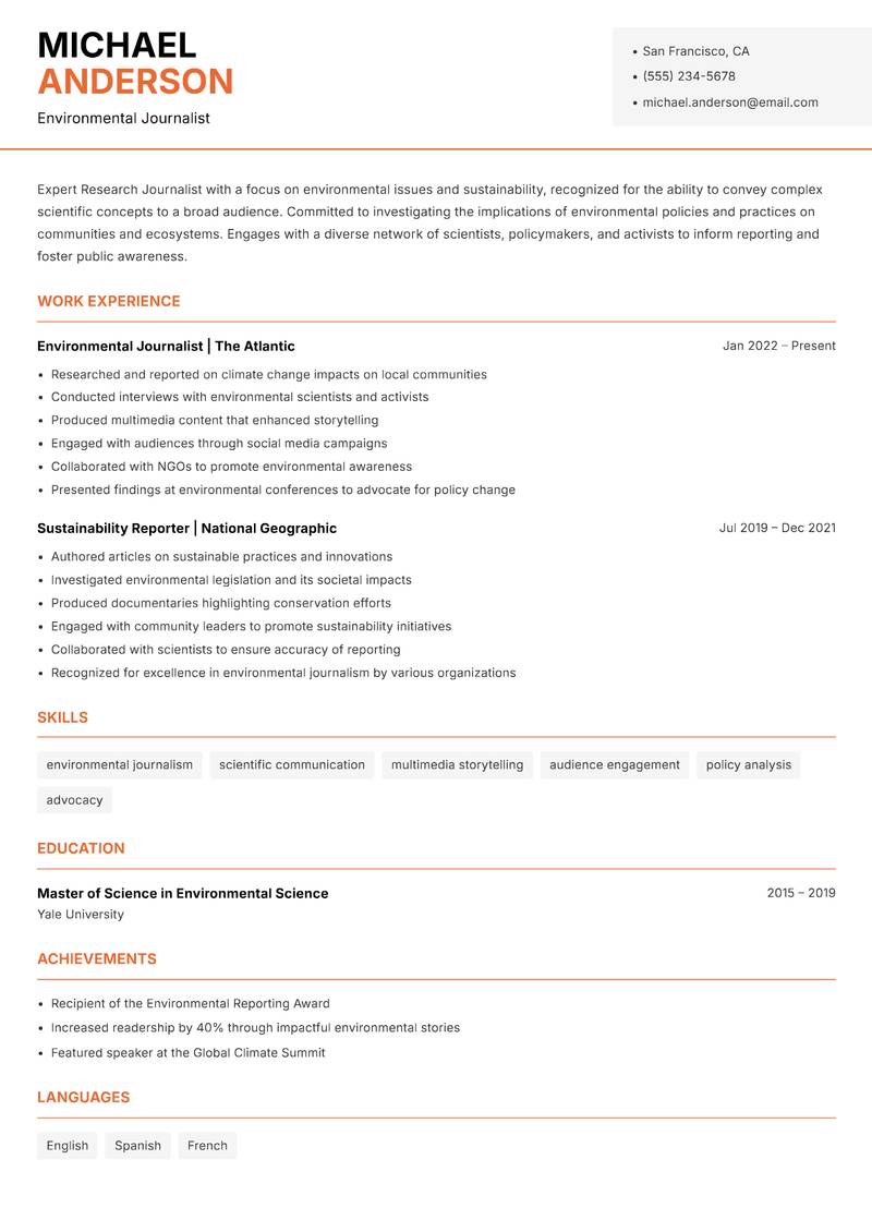 Research Journalist resume template — Modern Professional