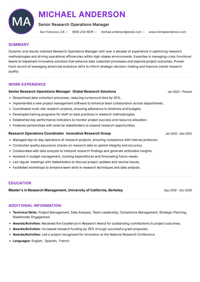 Research Operations Manager resume example — ATS-friendly template