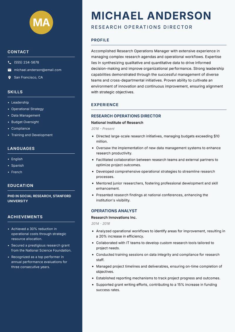 Research Operations Manager resume template — Classic Clean