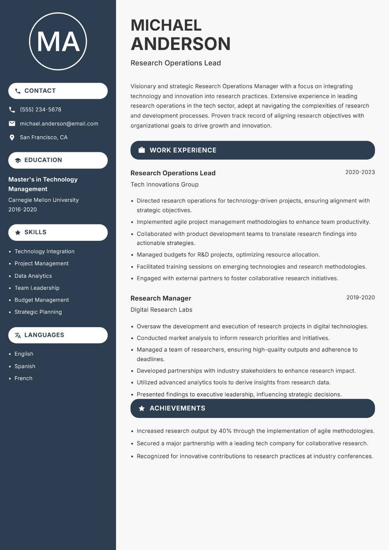 Research Operations Manager resume template — Compact