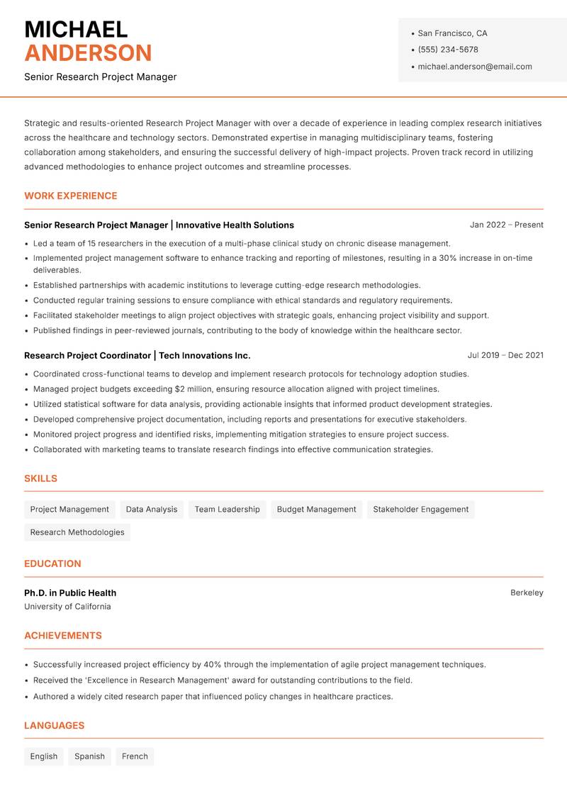 Research Project Manager resume template — Modern Professional