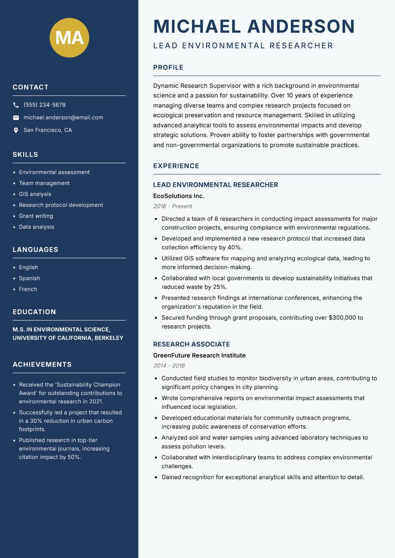 Research Supervisor resume template — Classic Clean