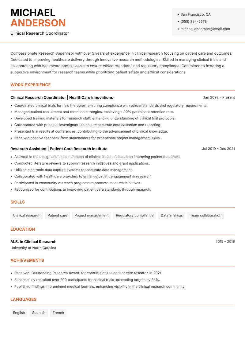 Research Supervisor resume template — Modern Professional