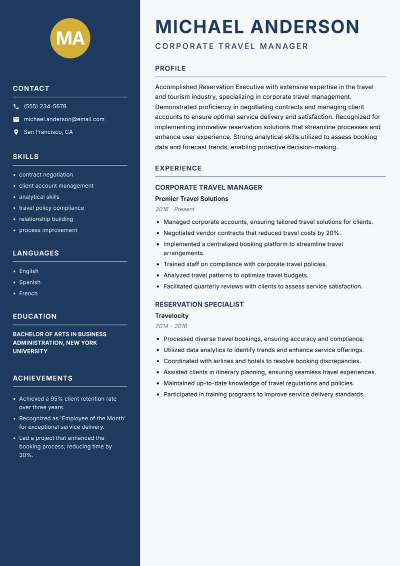 Reservation Executive resume template — Classic Clean