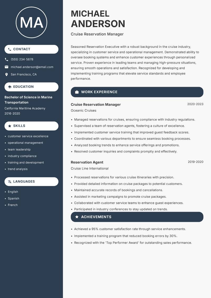 Reservation Executive resume template — Compact
