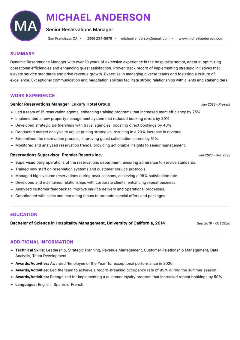 Reservations Manager resume example — ATS-friendly template