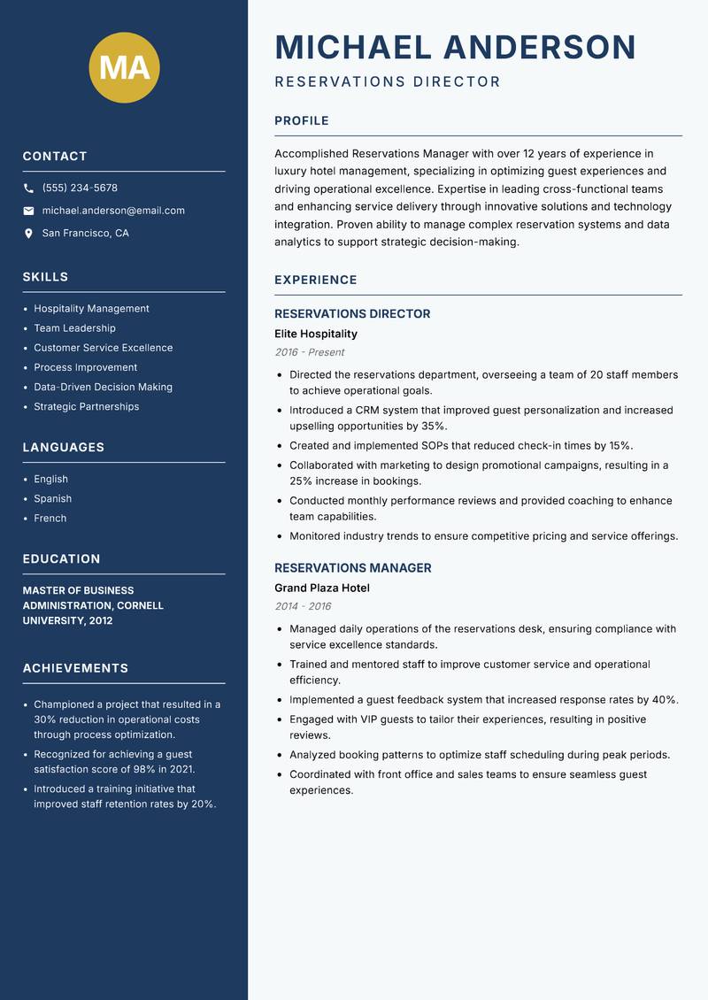 Reservations Manager resume template — Classic Clean