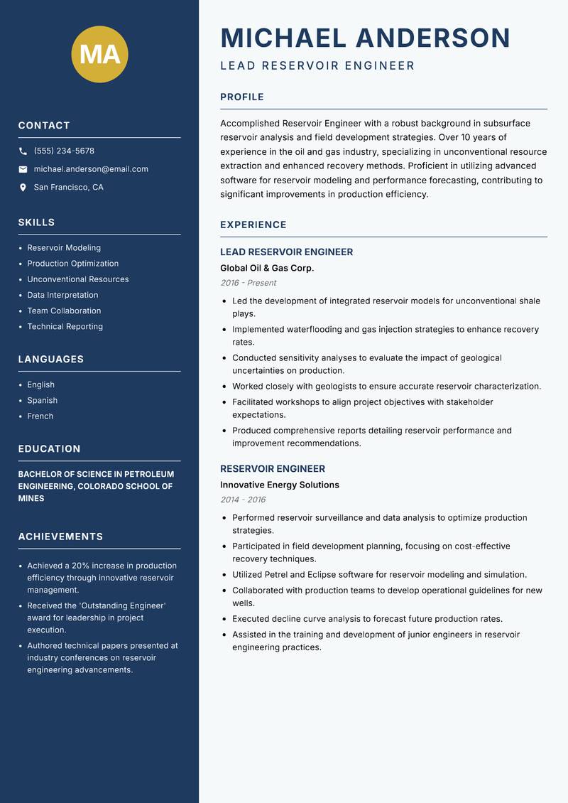 Reservoir Engineer resume template — Classic Clean