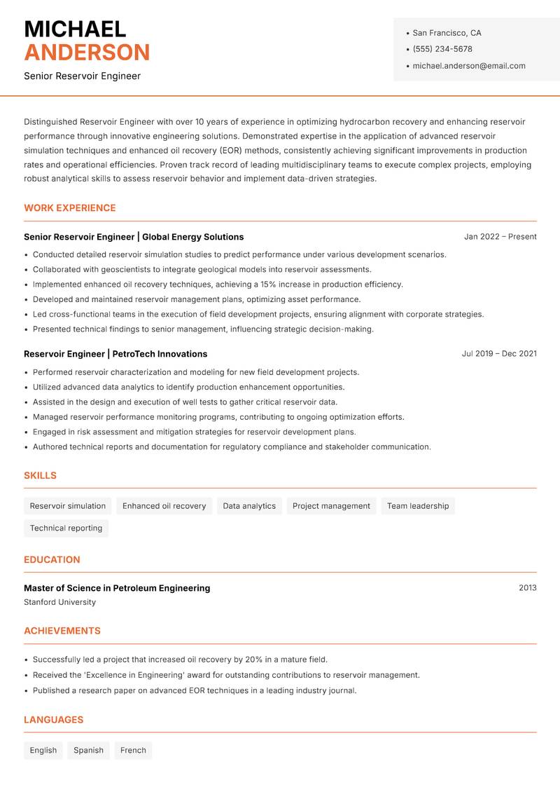 Reservoir Engineer resume template — Modern Professional