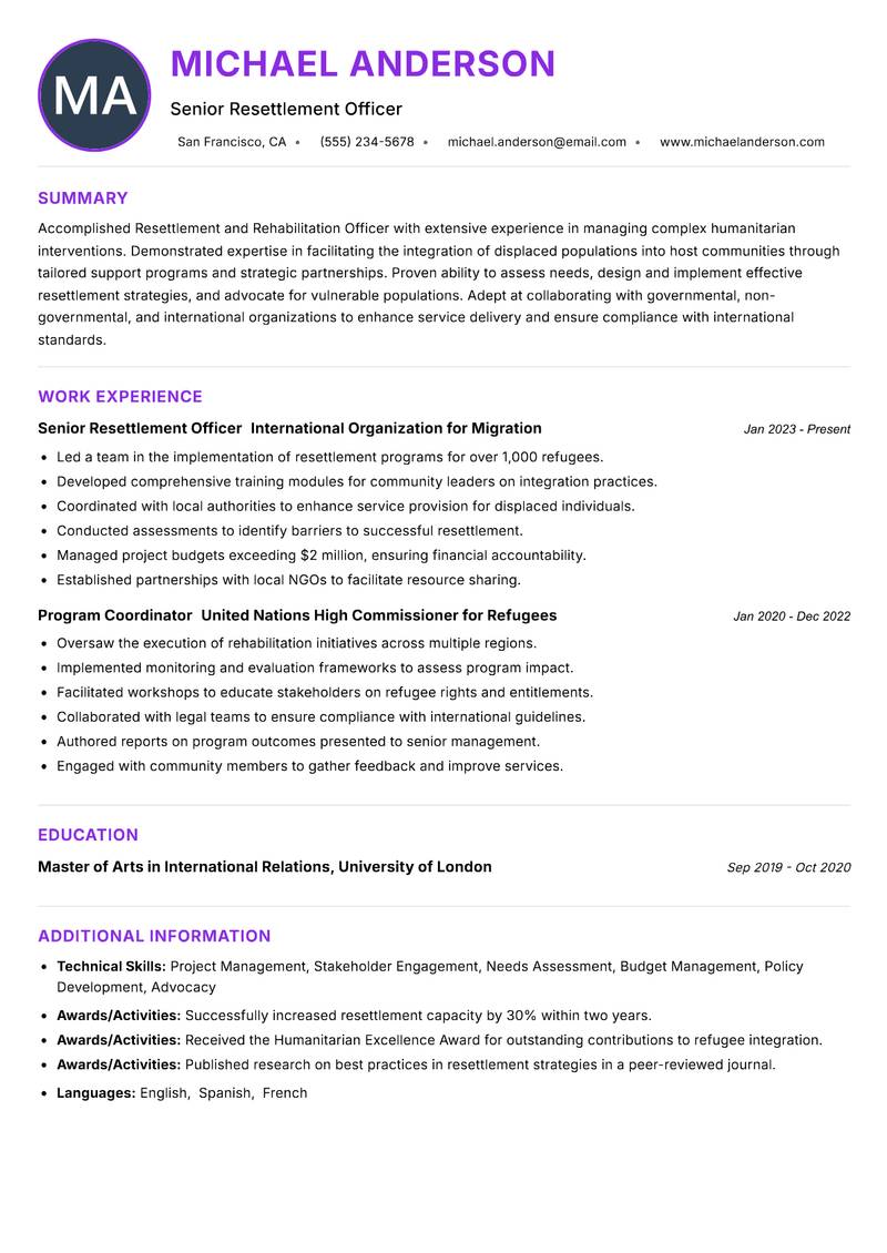 Resettlement and Rehabilitation Officer resume example — ATS-friendly template