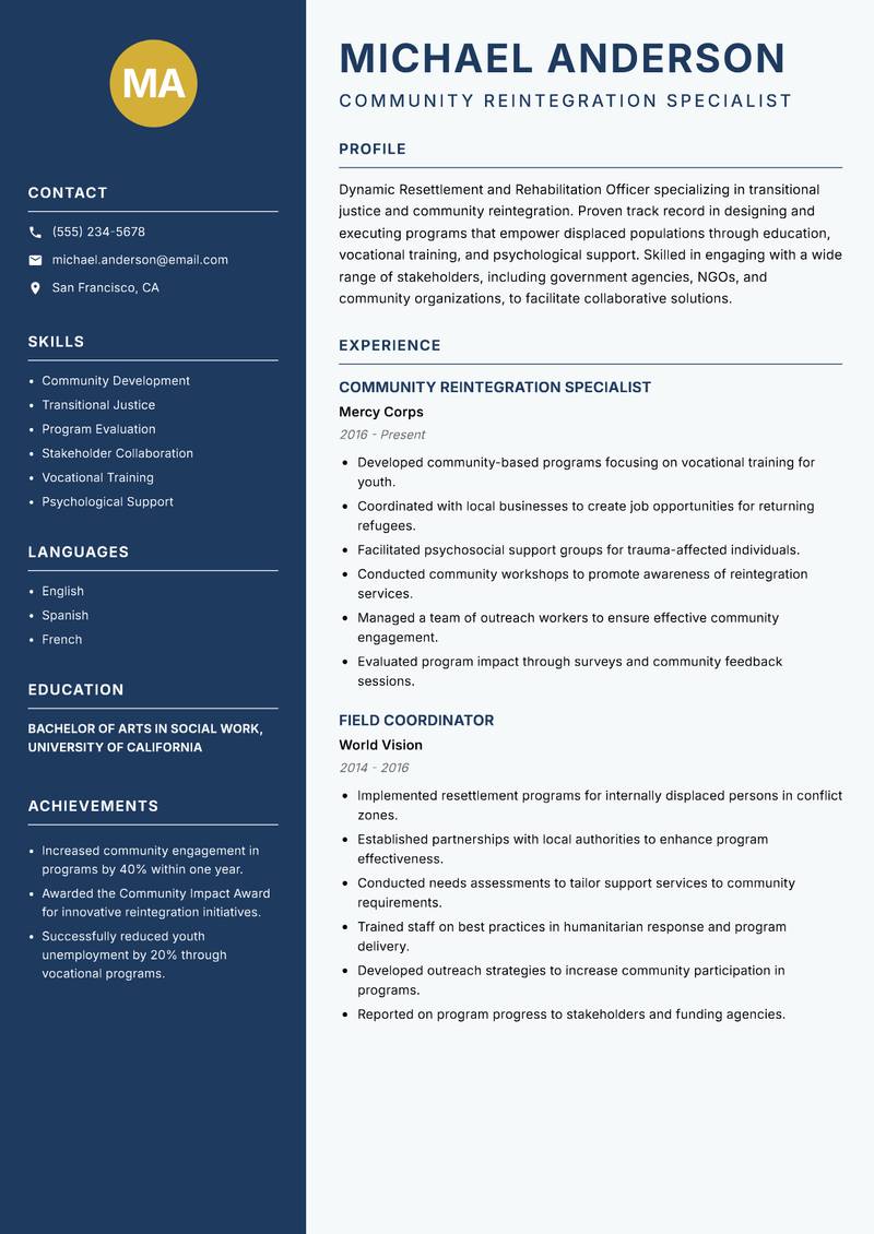 Resettlement and Rehabilitation Officer resume template — Classic Clean