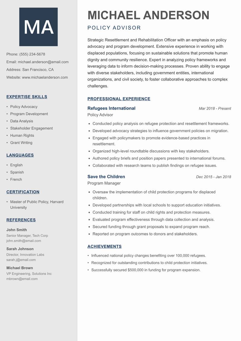 Resettlement and Rehabilitation Officer resume template — Creative Minimal