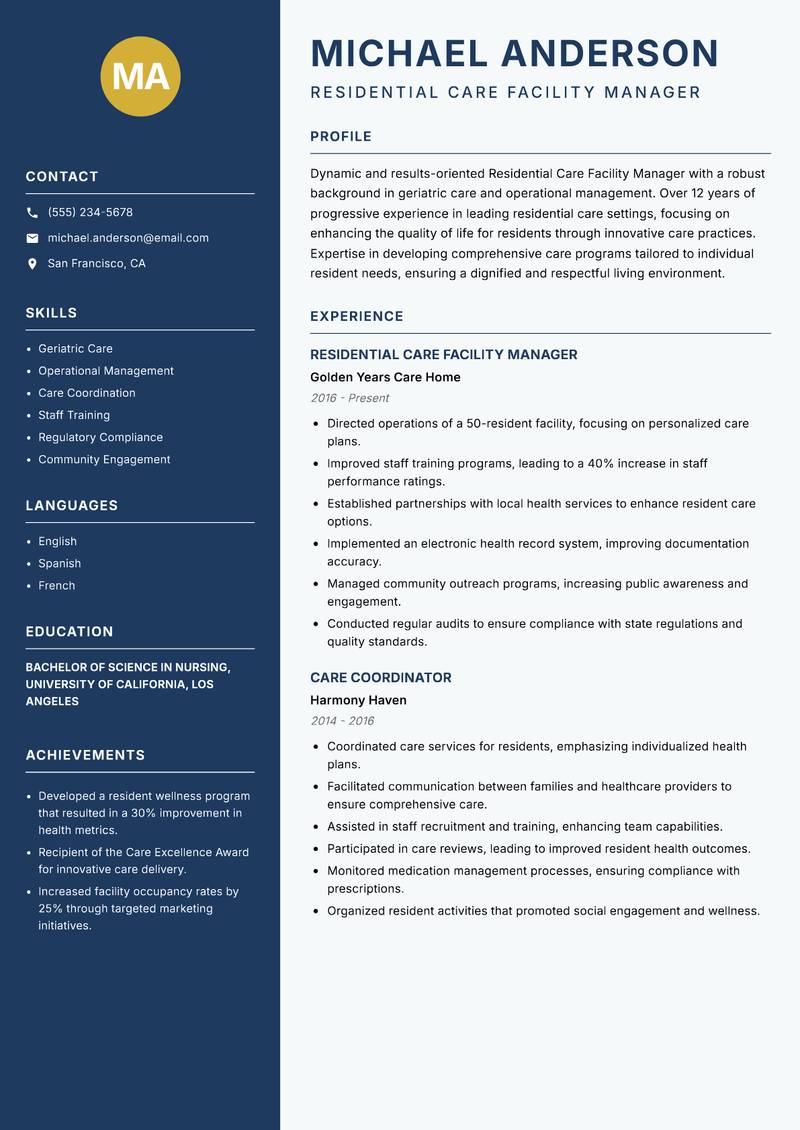 Residential Care Facility Manager resume template — Classic Clean