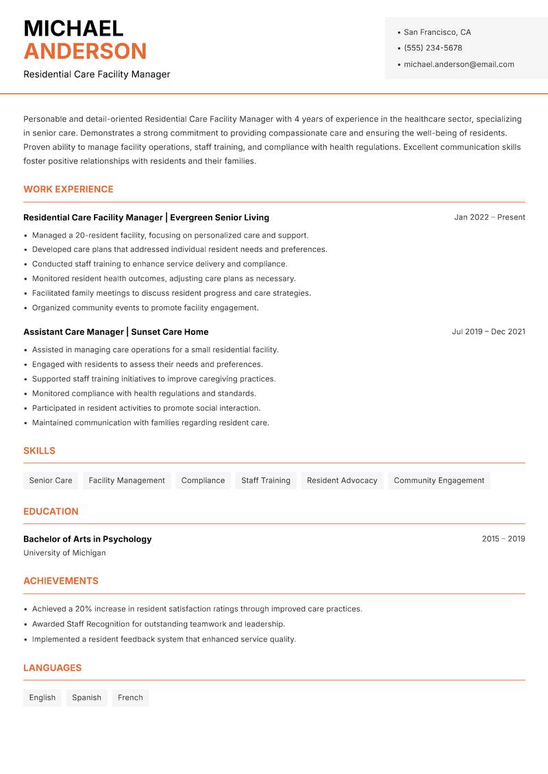 Residential Care Facility Manager resume template — Modern Professional