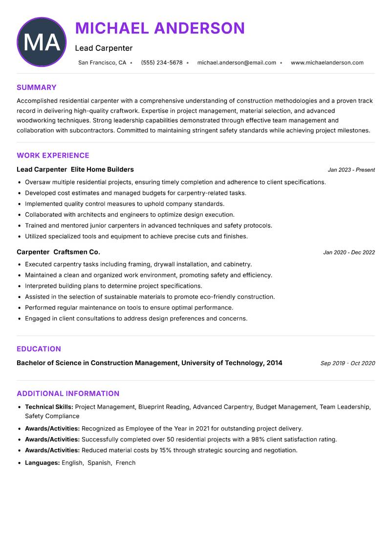 Residential Carpenter resume example — ATS-friendly template