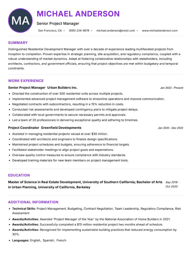 Residential Development Manager resume example — ATS-friendly template