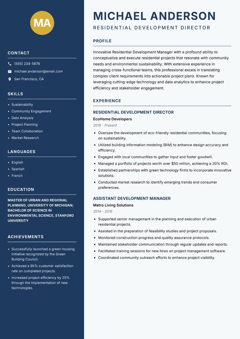 Residential Development Manager resume template — Classic Clean