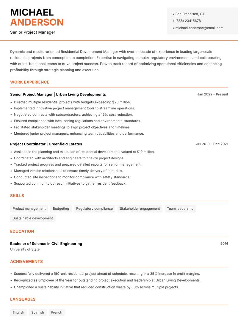 Residential Development Manager resume template — Modern Professional