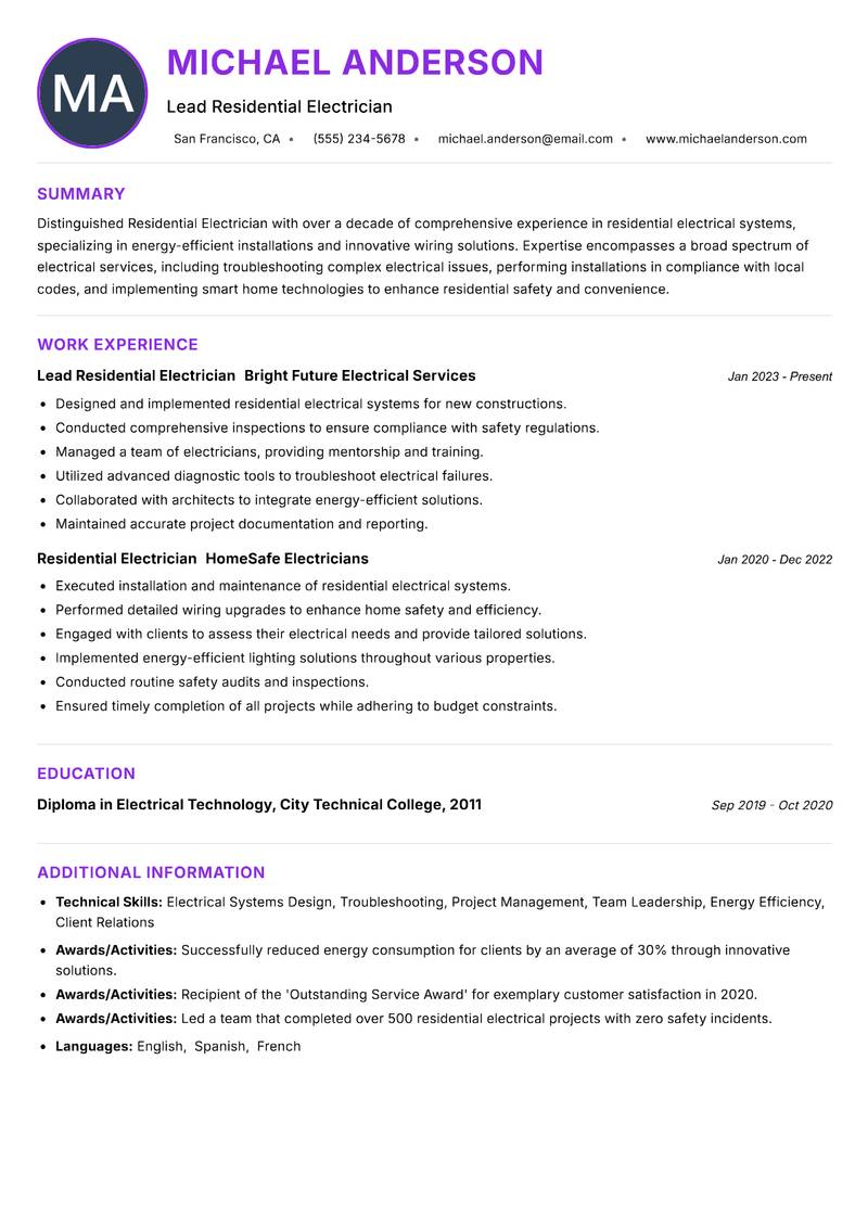 Residential Electrician resume example — ATS-friendly template