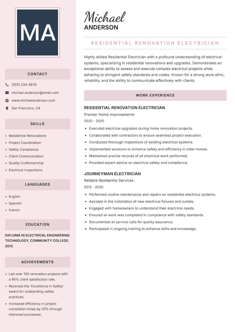 Residential Electrician resume template — Executive