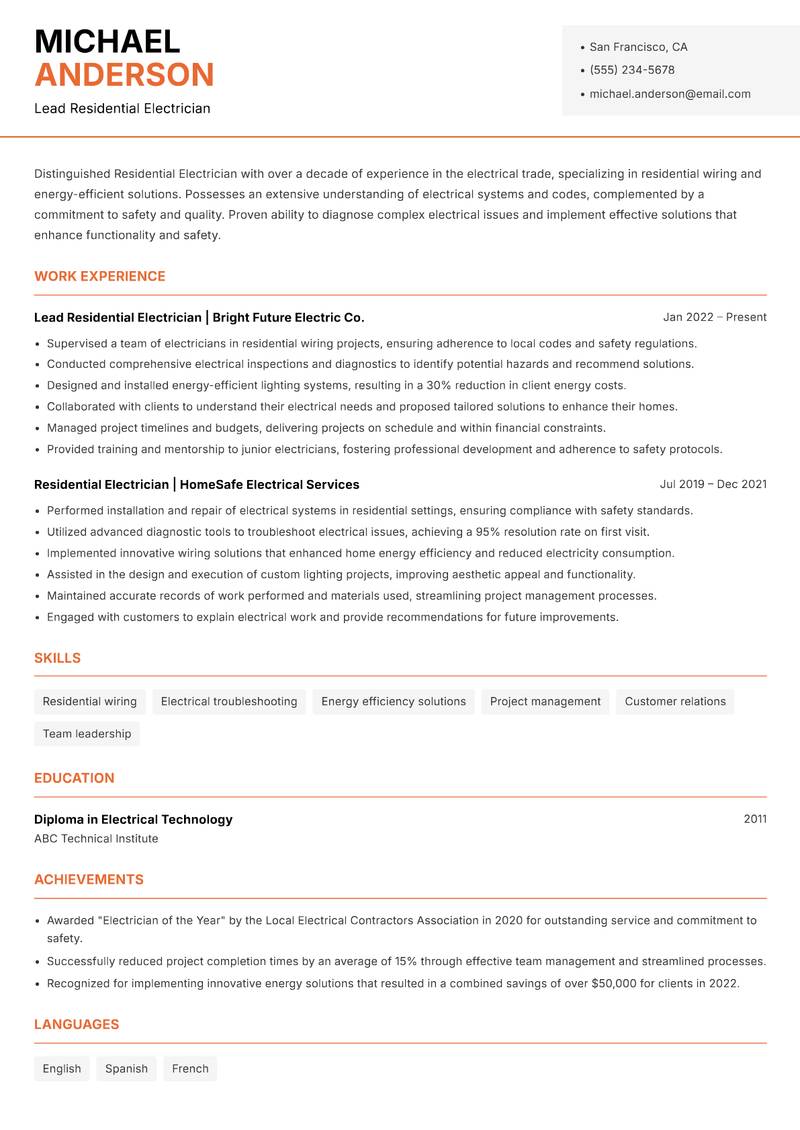Residential Electrician resume template — Modern Professional