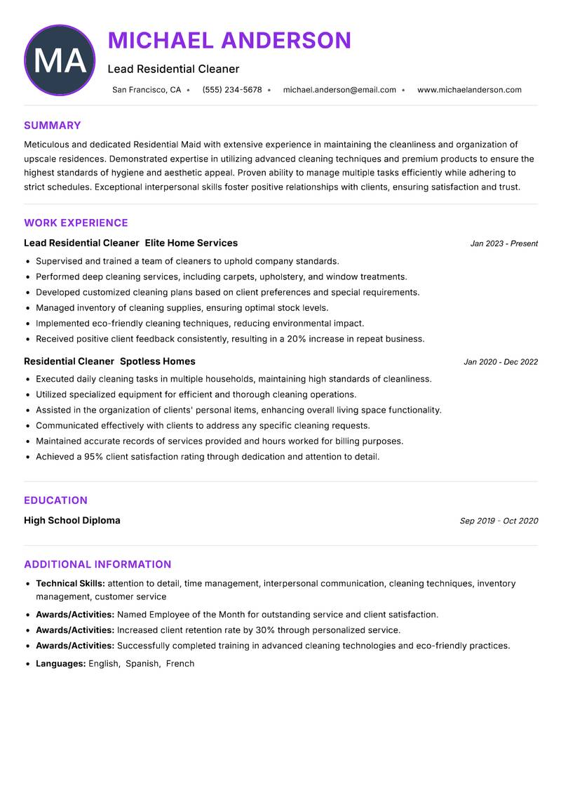 Residential Maid resume example — ATS-friendly template