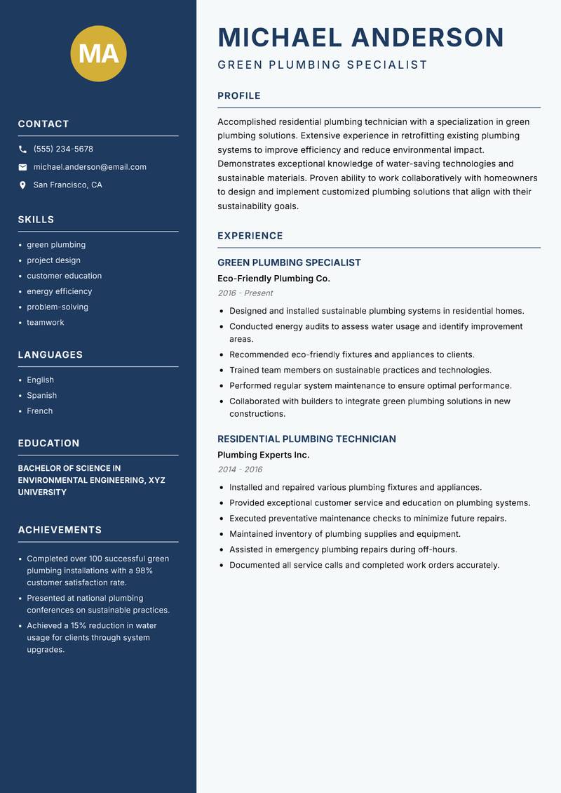 Residential Plumber resume template — Classic Clean