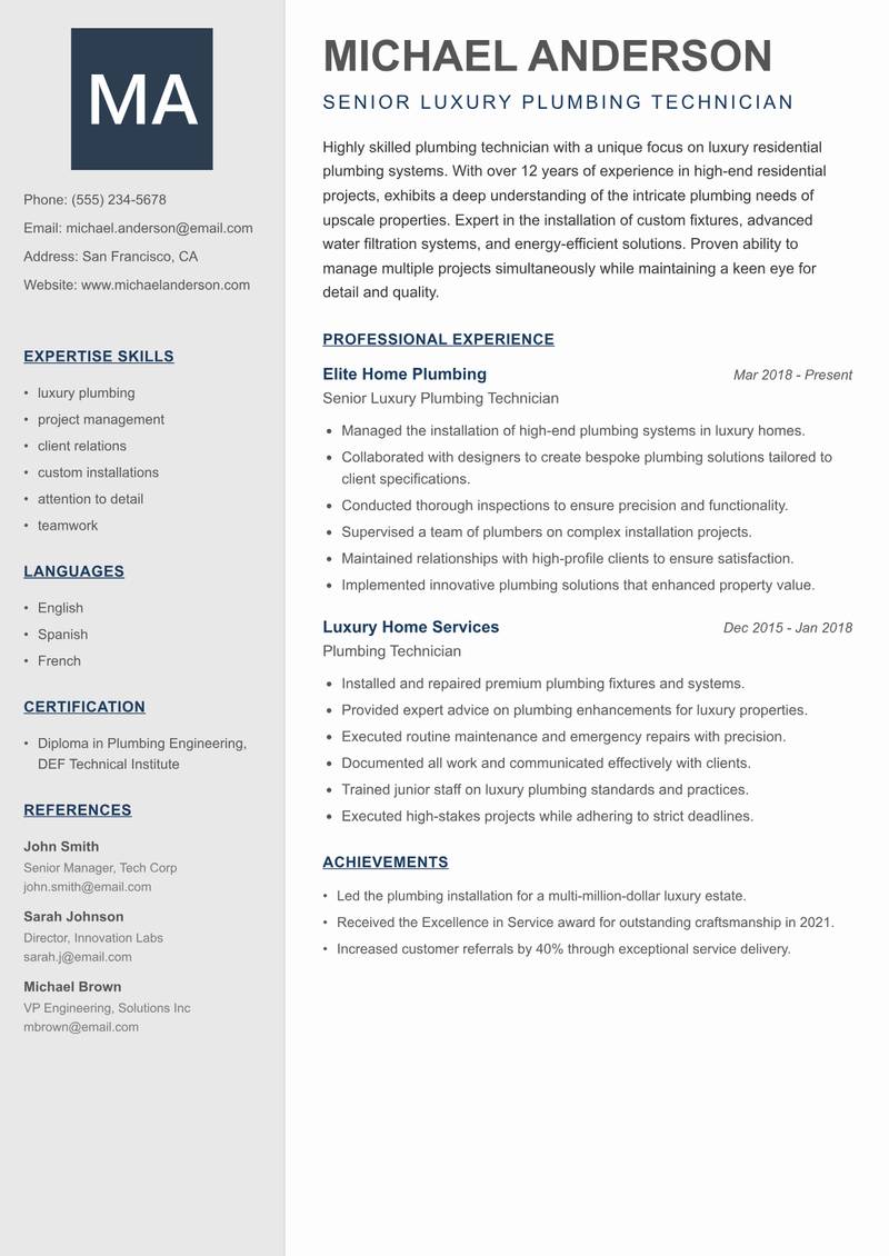 Residential Plumber resume template — Creative Minimal