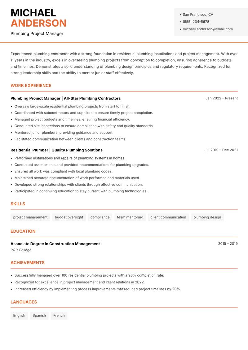 Residential Plumber resume template — Modern Professional