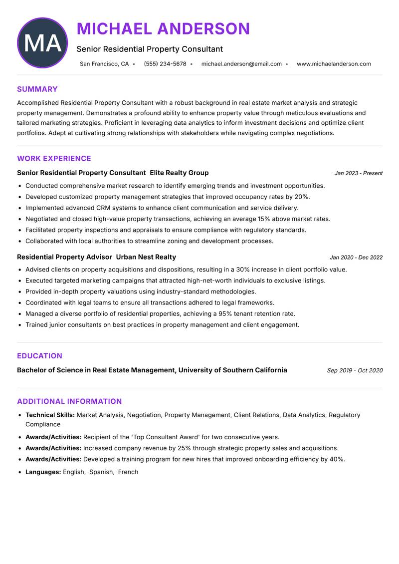 Residential Property Consultant resume example — ATS-friendly template