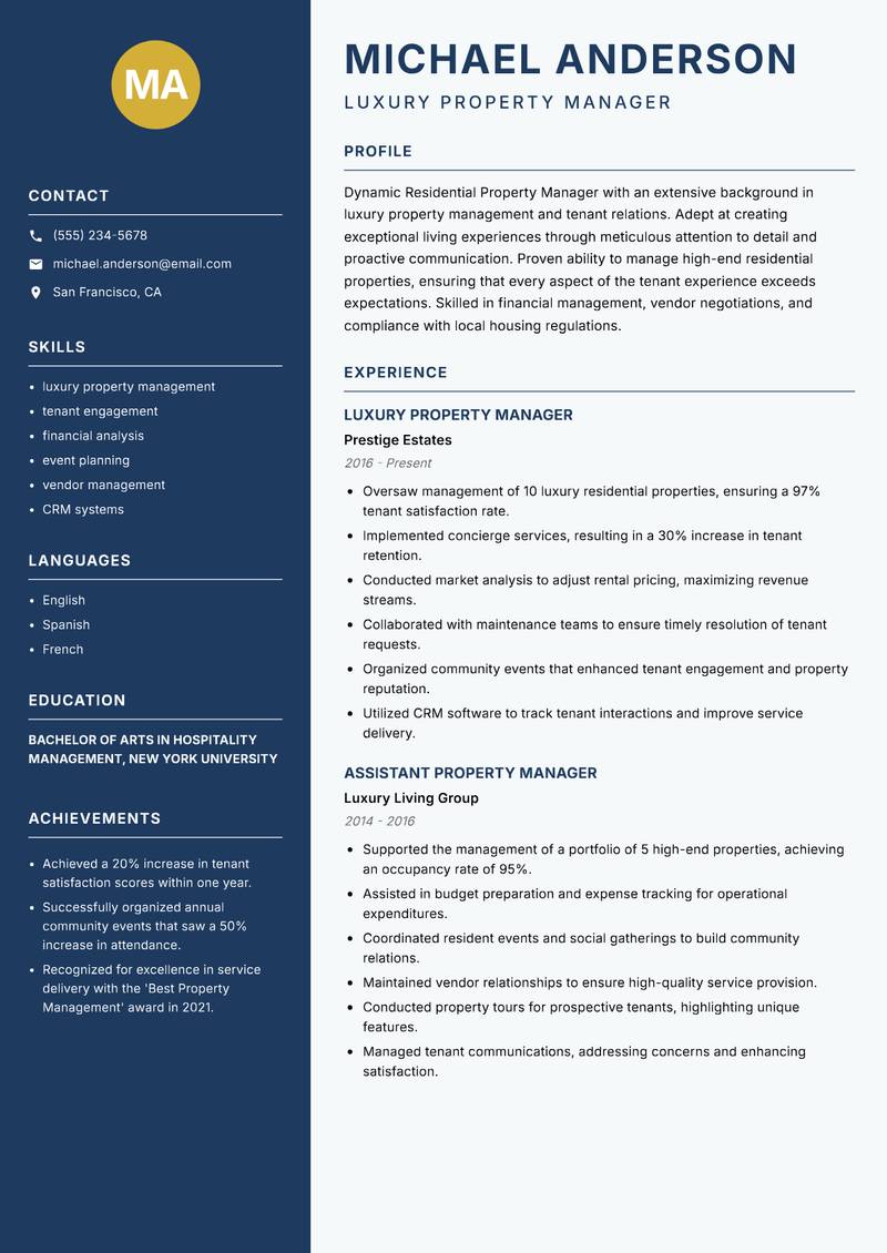 Residential Property Manager resume template — Classic Clean