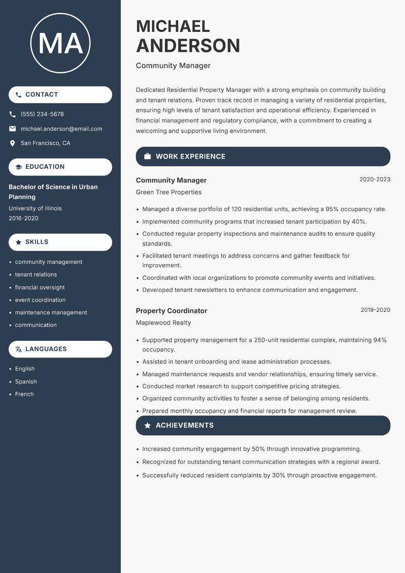 Residential Property Manager resume template — Compact