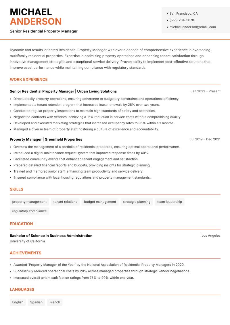 Residential Property Manager resume template — Modern Professional