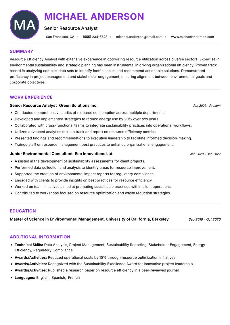 Resource Efficiency Analyst resume example — ATS-friendly template