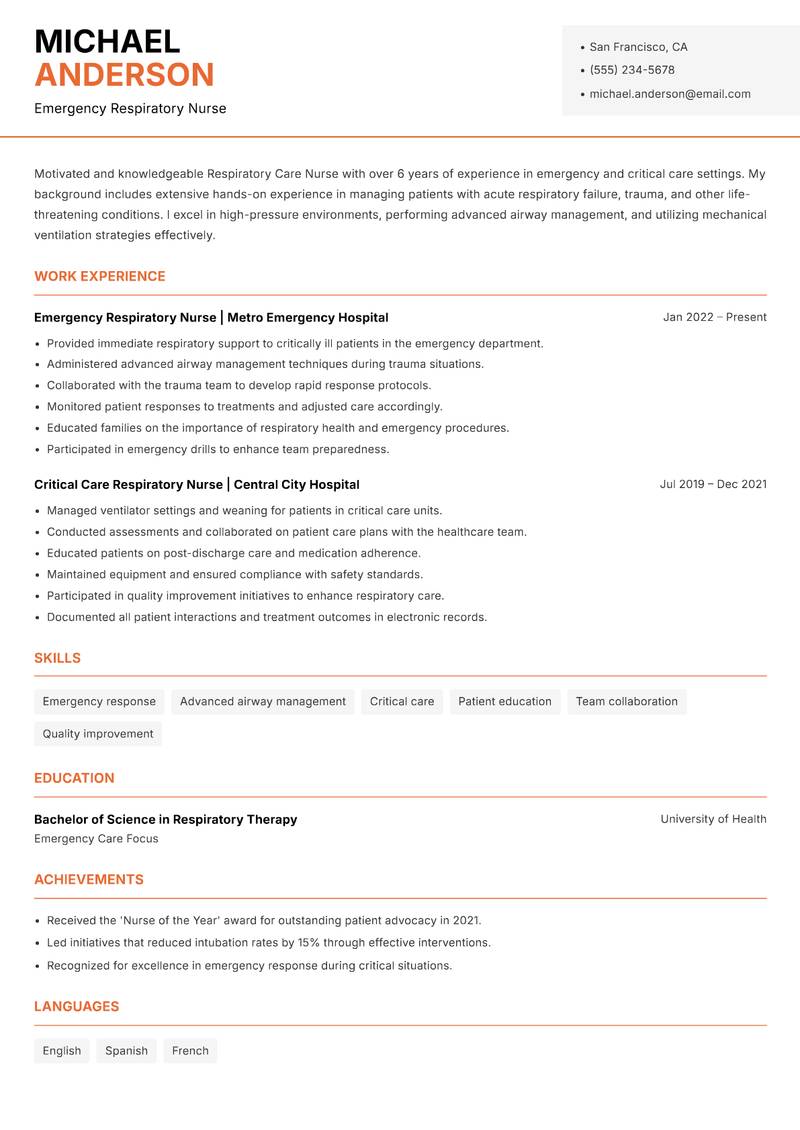 Respiratory Care Nurse resume template — Modern Professional