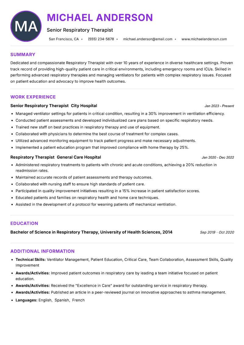 Respiratory Therapist resume example — ATS-friendly template
