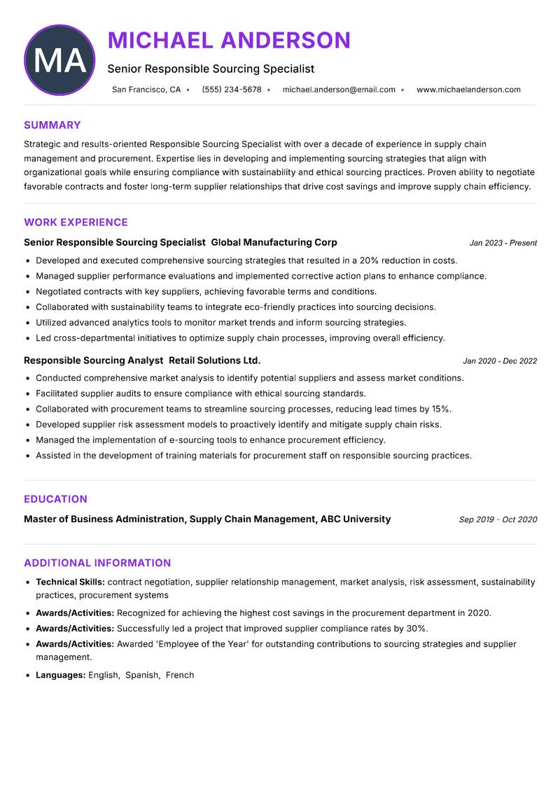 Responsible Sourcing Specialist resume example — ATS-friendly template