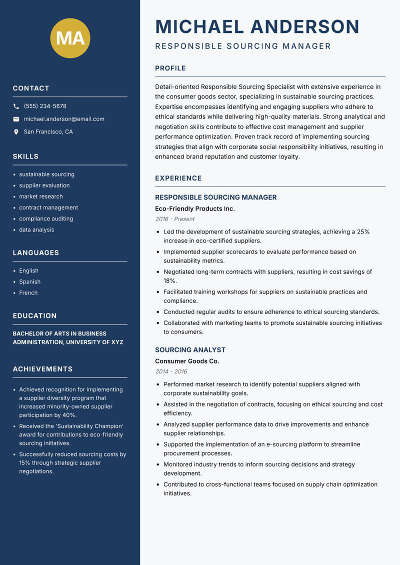Responsible Sourcing Specialist resume template — Classic Clean