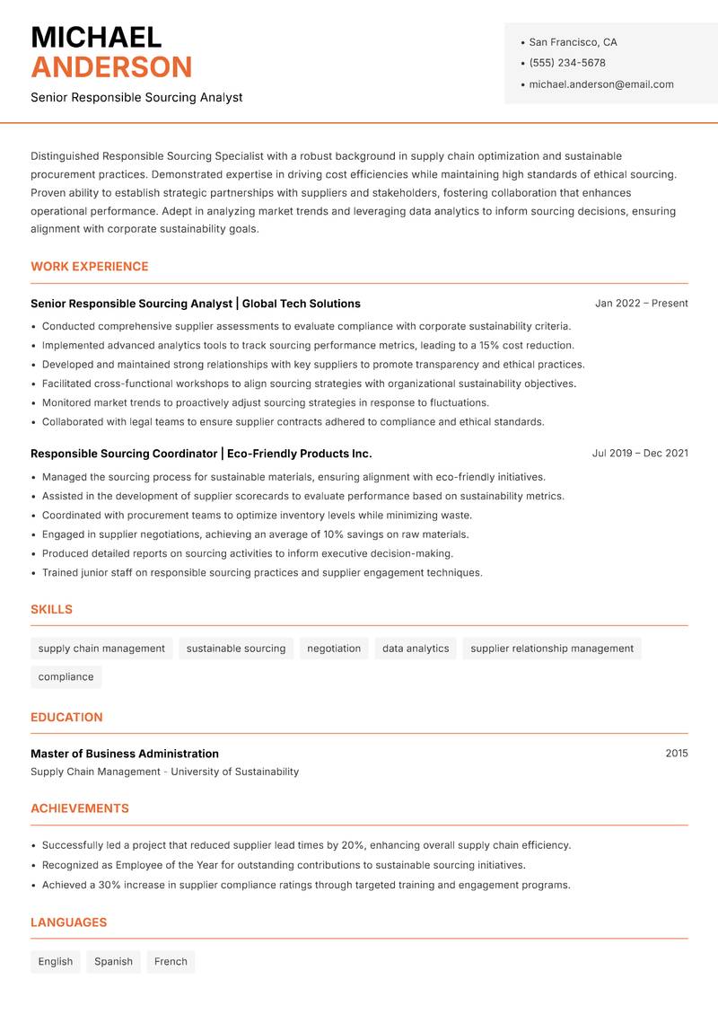 Responsible Sourcing Specialist resume template — Modern Professional