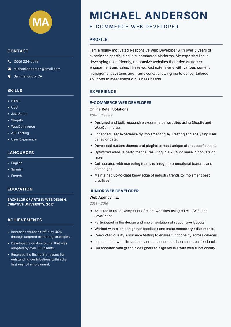 Responsive Web Developer resume template — Classic Clean