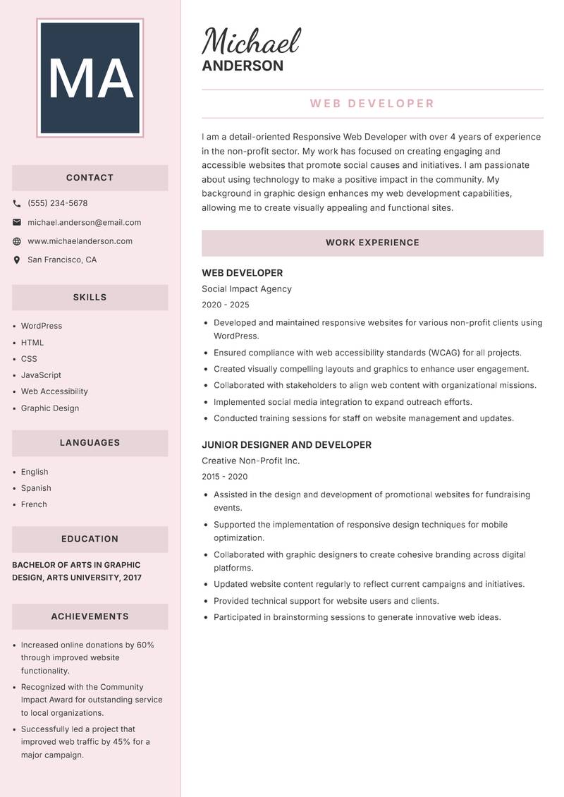 Responsive Web Developer resume template — Executive